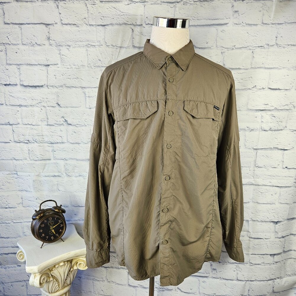 Columbia PFG Mens Sz XL Tan Omni Shade Nylon Button Up Long Sleeve Fishing Shirt